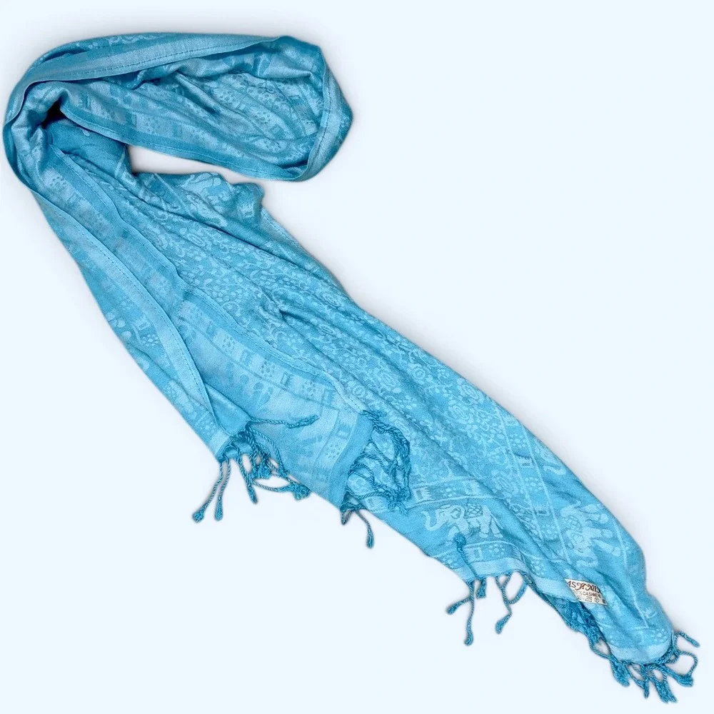Boho Elephant Cashmere Pashmina Scarf Shawl Sky Blue Fringe Ethereal Timeless